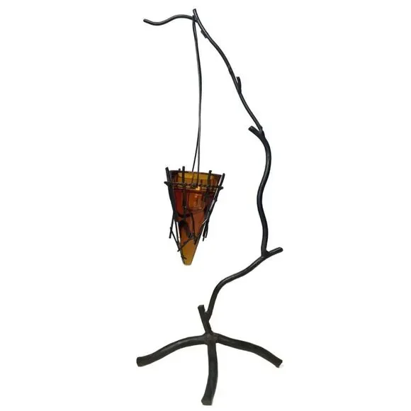 Vintage Mid Century Modern Wrought Iron Tree w/Amber Glass Cone Candle Holder - Picture 5 of 11